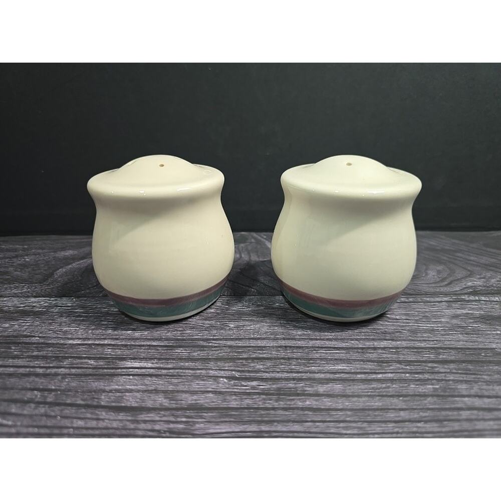 Vintage Pfaltzgraff Juniper Salt and Pepper Shakers Set Stoneware Teal Mauve USA